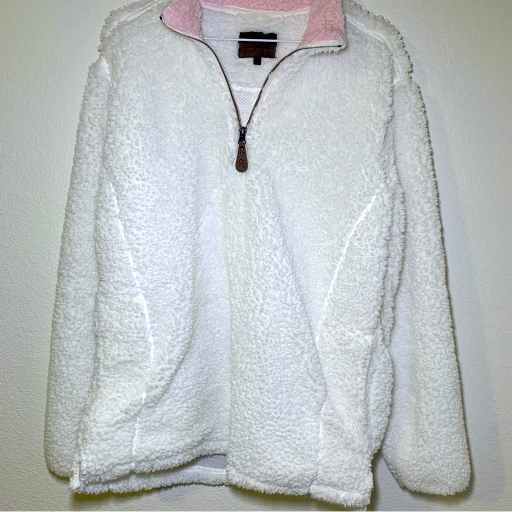 Girlie Girl Originals Medium White Sherpa Half Zip Pullover Pink Collar